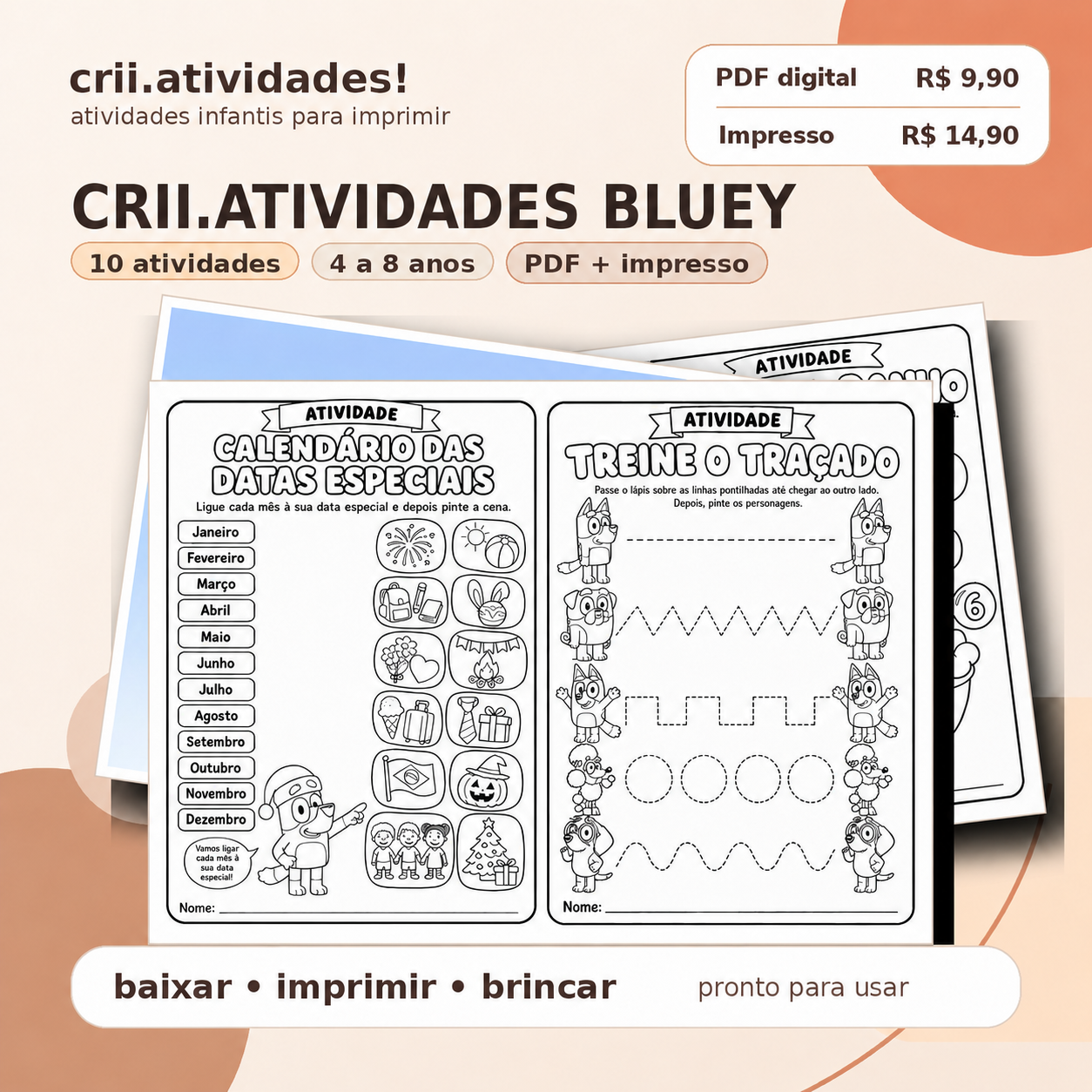 crii.atividades Bluey, 10 atividades para crianças de 4 a 8 anos, PDF R$ 9,90 ou impresso R$ 14,90