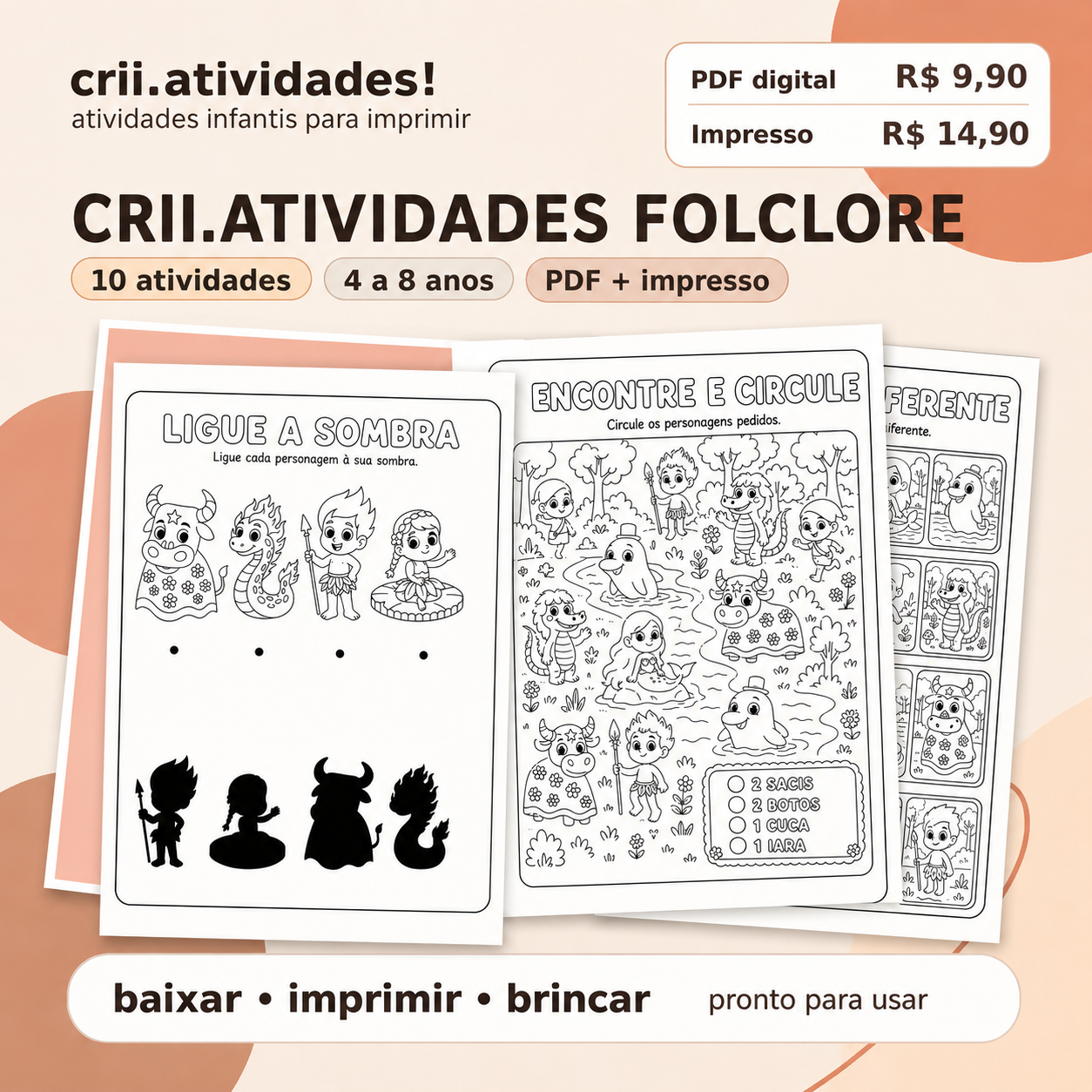 crii.atividades Folclore, 10 atividades para crianças de 4 a 8 anos, PDF R$ 9,90 ou impresso R$ 14,90