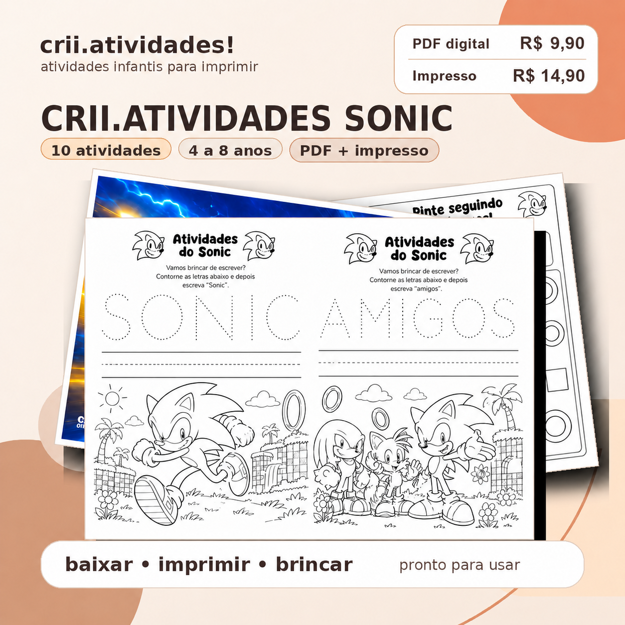 crii.atividades Sonic, 10 atividades para crianças de 4 a 8 anos, PDF R$ 9,90 ou impresso R$ 14,90