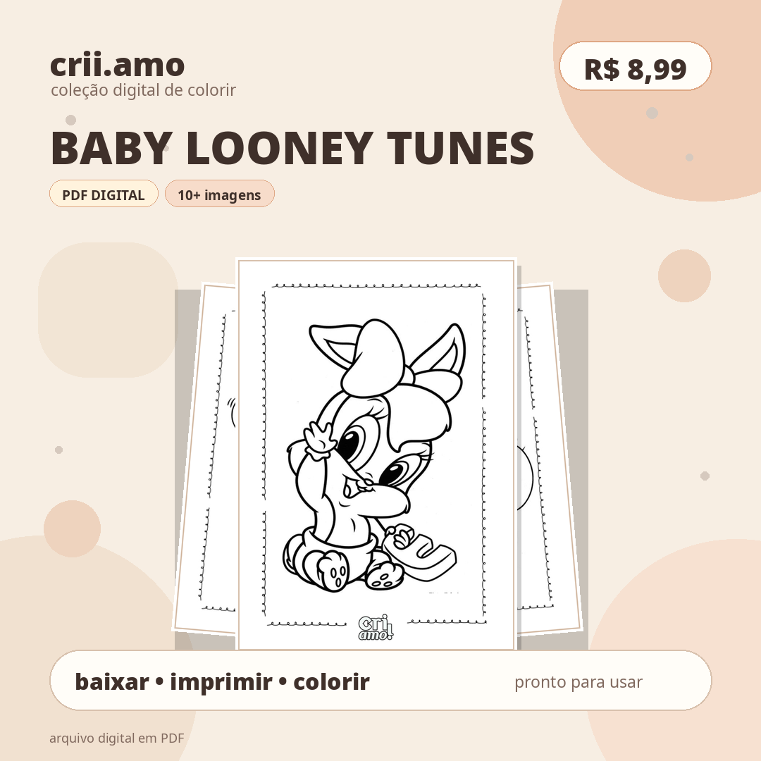 Coleção de colorir Baby Looney Tunes, PDF digital com mais de 10 imagens, R$ 8,99