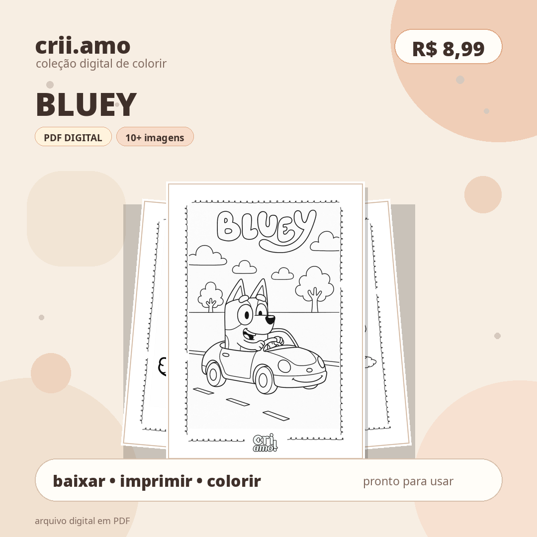 Coleção de colorir Bluey, PDF digital com mais de 10 imagens, R$ 8,99