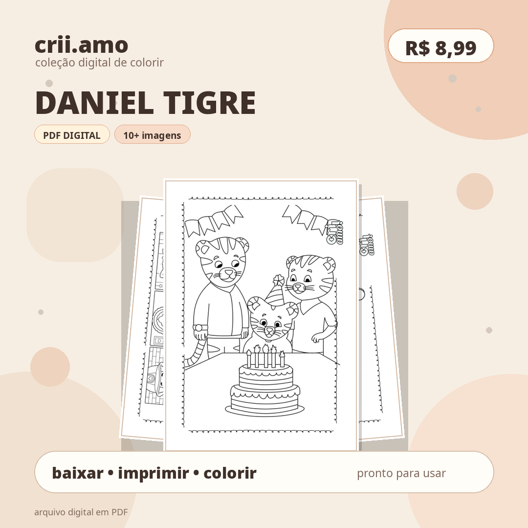 Coleção de colorir Daniel Tigre, PDF digital com mais de 10 imagens, R$ 8,99
