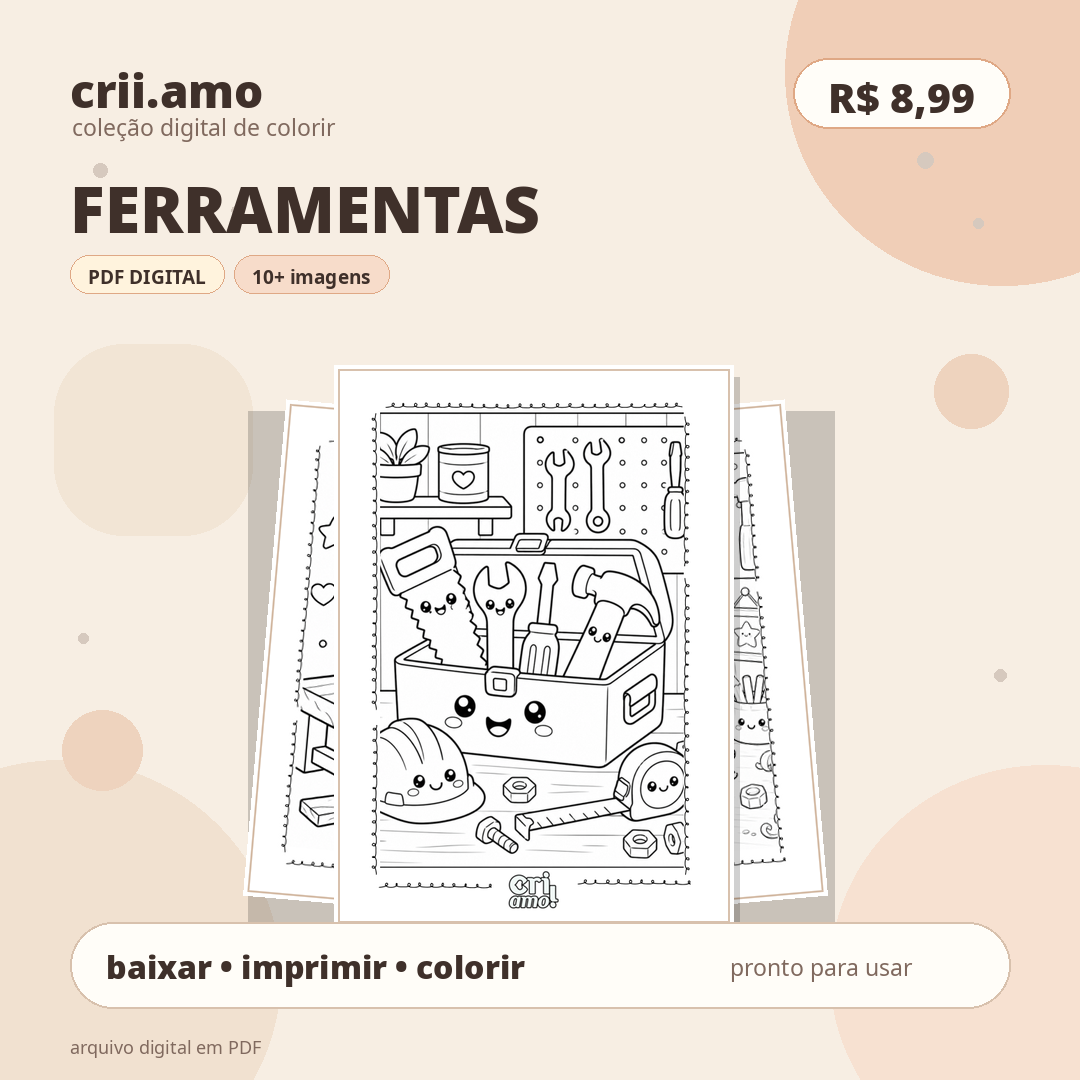 Coleção de colorir Ferramentas, PDF digital com mais de 10 imagens, R$ 8,99