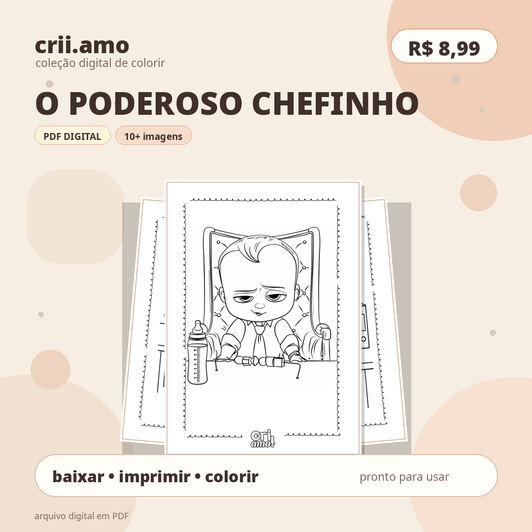 Coleção de colorir O Poderoso Chefinho, PDF digital com mais de 10 imagens, R$ 8,99
