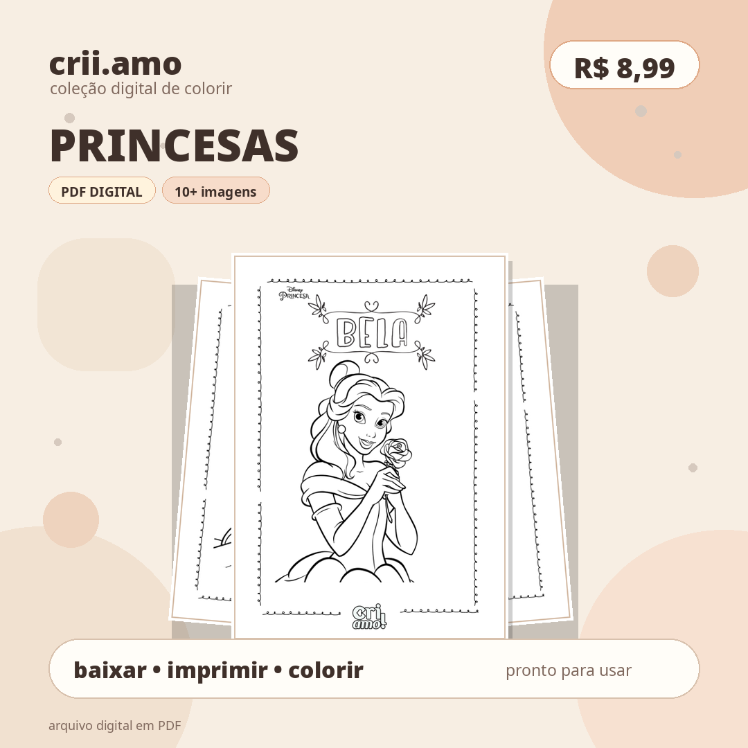 Coleção de colorir Princesas, PDF digital com mais de 10 imagens, R$ 8,99