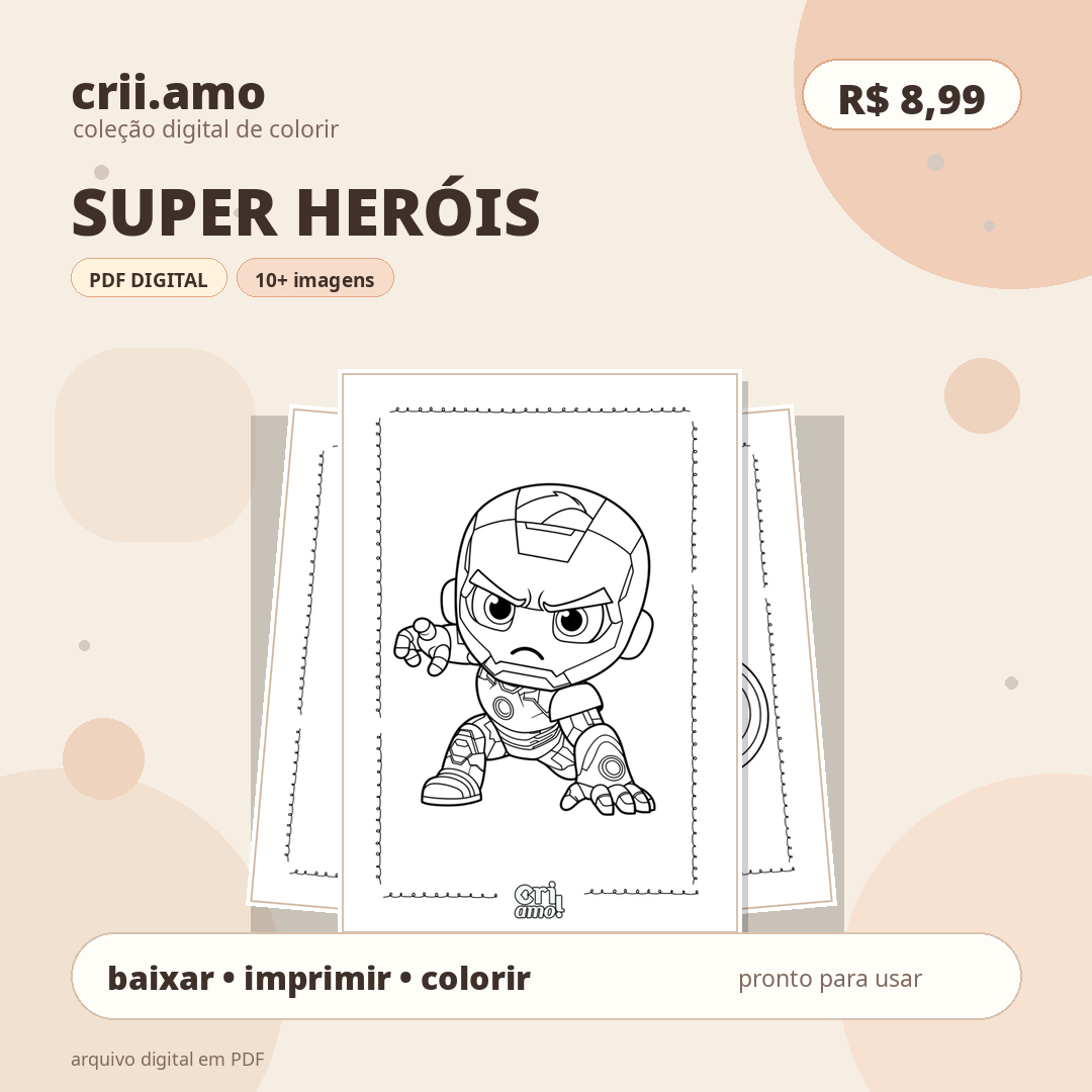 Coleção de colorir Super-heróis, PDF digital com mais de 10 imagens, R$ 8,99