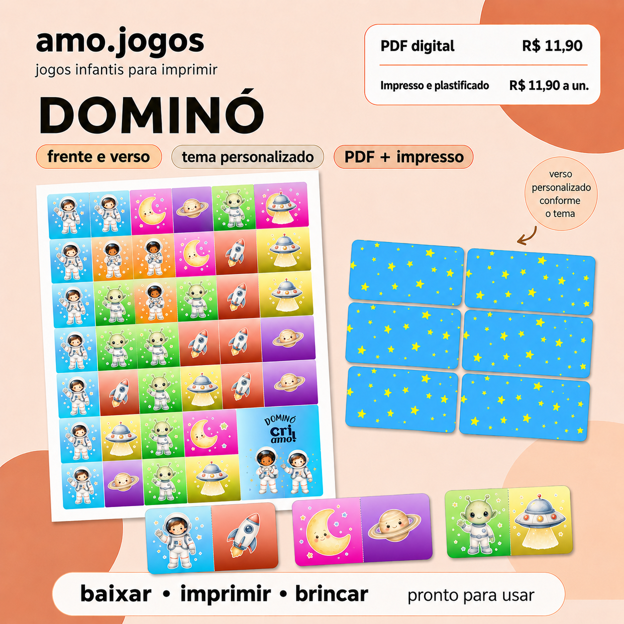 Dominó Astronauta, jogo infantil da amo.jogos pra imprimir, frente e verso, R$ 11,90